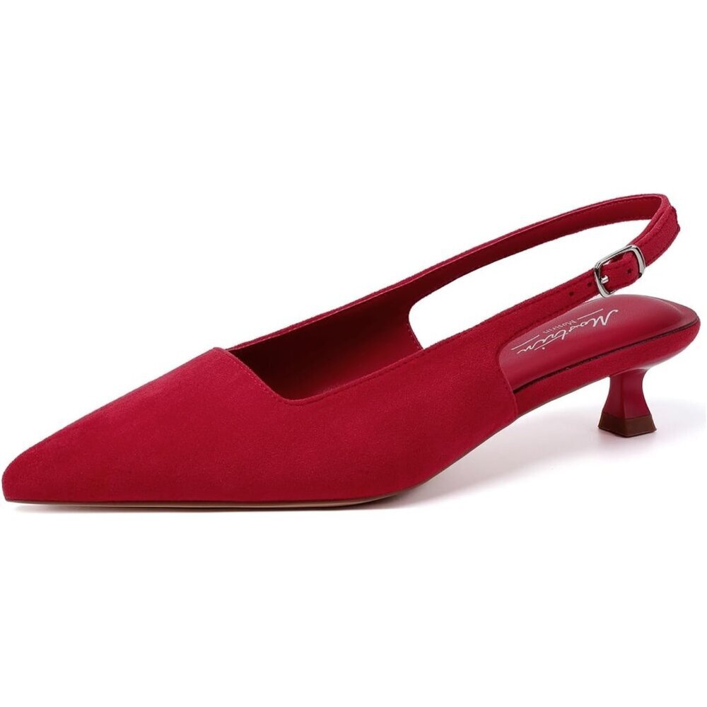 Women's Red Suede Pointed Closed Toe Slingback Kitten Heels Pumps Party Shoes
